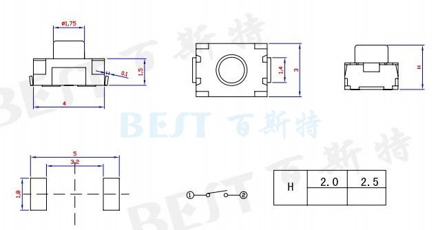 輕觸開關(guān)TS-1185U參考圖紙